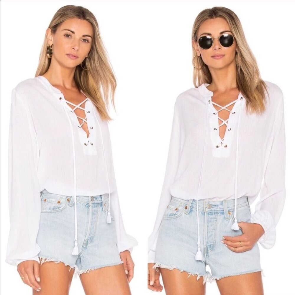SMYM Show Me Your Mumu Thatcher Tie Top Tunic S White Cloud Lace-Up Boho Hippie
